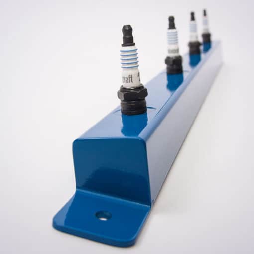 Ford blue Spark Plug Coat Rack with Motorcraft spark plugs